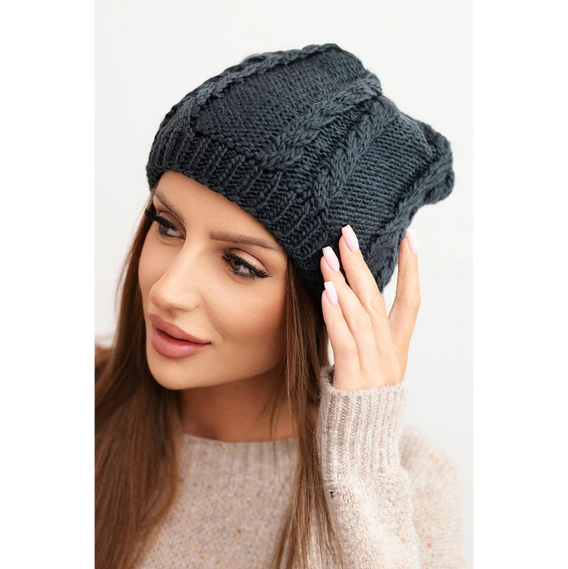 K-Fashion Dámska zimná vlnená čiapka s pleteným vzorom K452 graphite 67778726