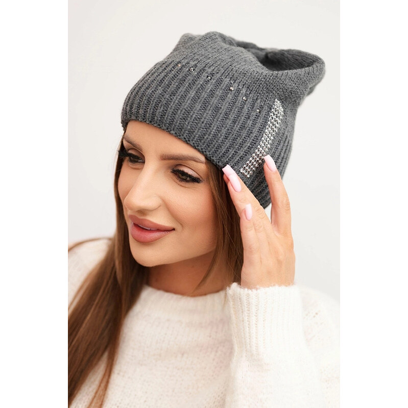 K-Fashion Dámska zimná vlnená čiapka s kryštálmi K453 graphite 67778734