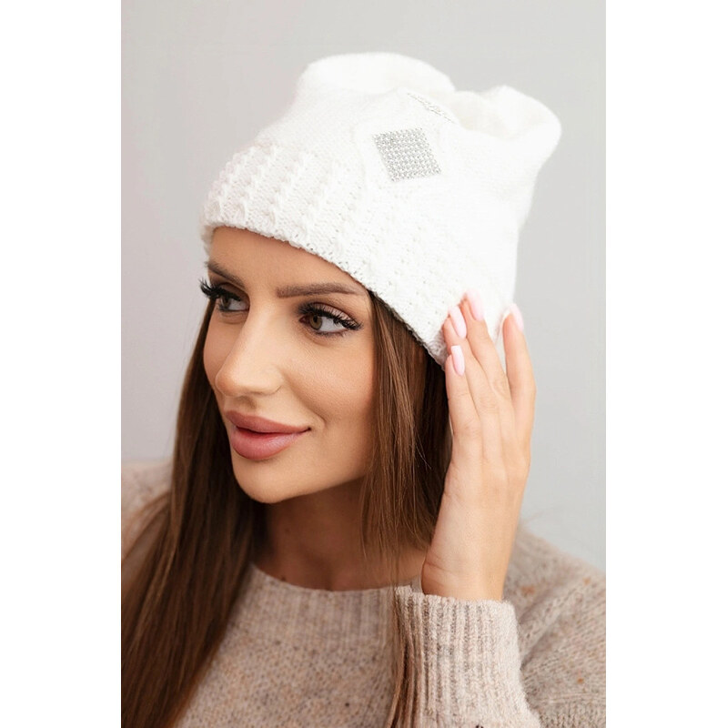 K-Fashion Dámska zimná vlnená čiapka s kryštálmi a vzorom K455 ecru 67778737