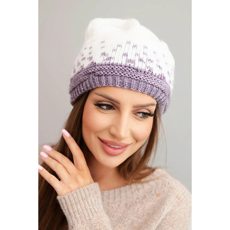 K-Fashion Dámska zimná vlnená čiapka s geometrickým vzorom K477 biela 67778748