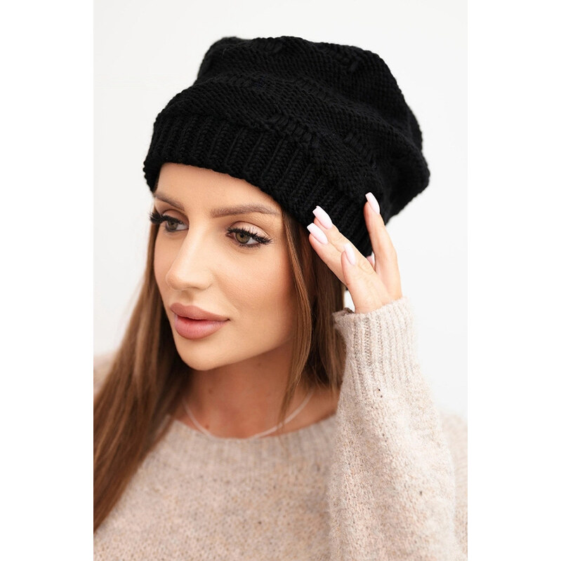 K-Fashion Dámska zimná vlnená čiapka s ozdobným úpletom K451 čierna 67778866