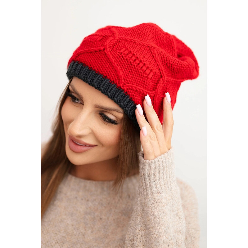 K-Fashion Dámska zimná vlnená čiapka s pleteným vzorom K443 červená 67778871