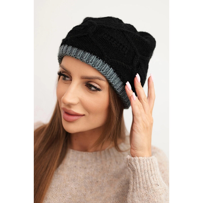 K-Fashion Dámska zimná vlnená čiapka s pleteným vzorom K443 čierna + 67778877