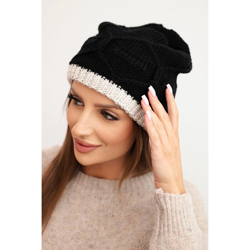 K-Fashion Dámska zimná vlnená čiapka s pleteným vzorom K443 čierna + 67778878