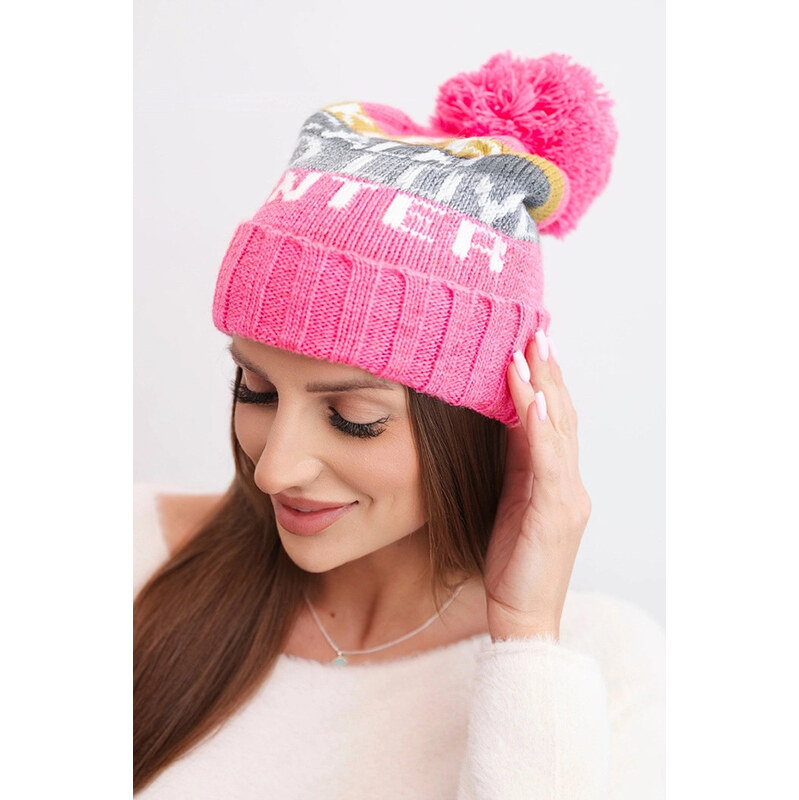 K-Fashion Dámska zimná čiapka s vlnou a nápisom s veľkou bambulou K422 67778932