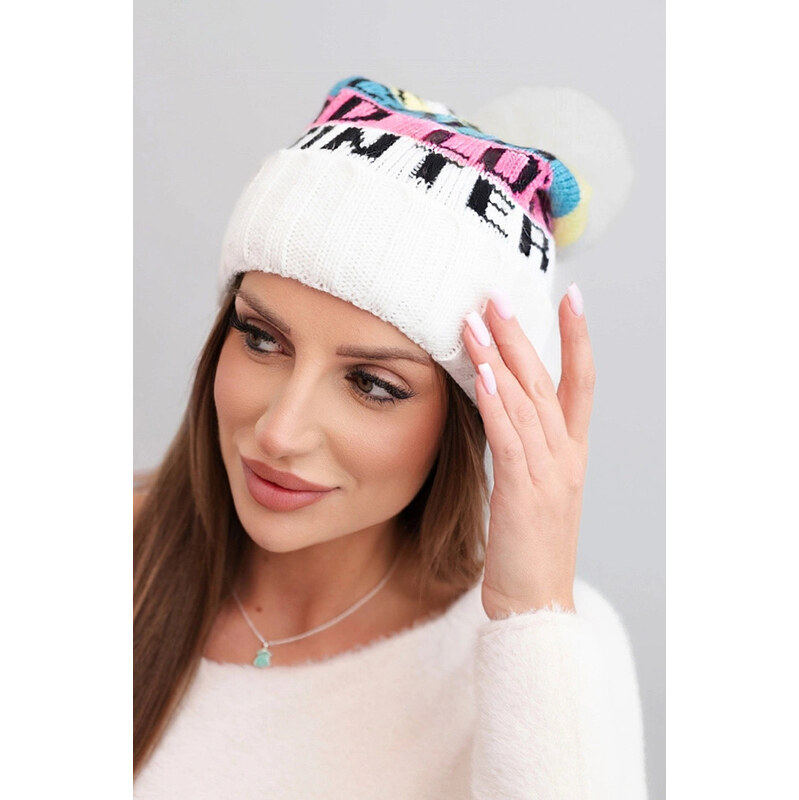 K-Fashion Dámska zimná čiapka s vlnou a nápisom s veľkou bambulou K422 67778935