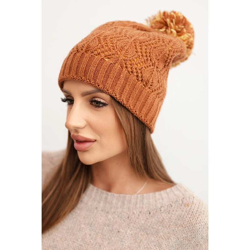 K-Fashion Dámska zimná čiapka s vlnou z ozdobného úpletu s bambulou 67778942