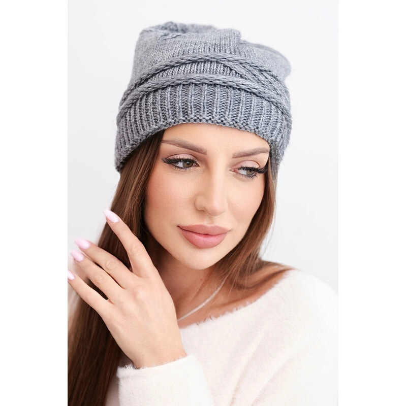K-Fashion Dámska zimná čiapka z vlny a pleteného vzoru K428 sivá 67779072