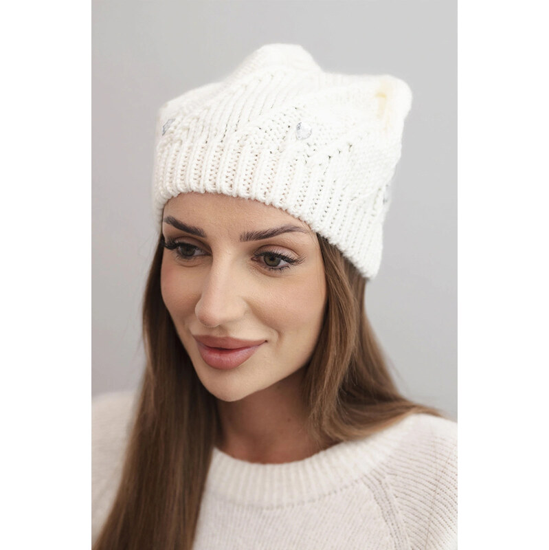 K-Fashion Dámska zimná vlnená čiapka s ozdobnými kryštálmi K461 ecru 67779129