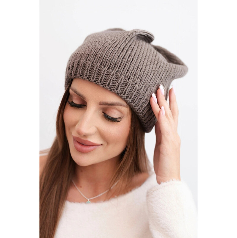 K-Fashion Dámska zimná čiapka s ušami a rebrovaným vzorom K440 mocca 67779174