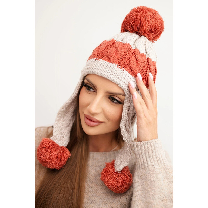K-Fashion Dámska zimná vlnená čiapka s bambuľkami a ušami K447 béžová 67779190
