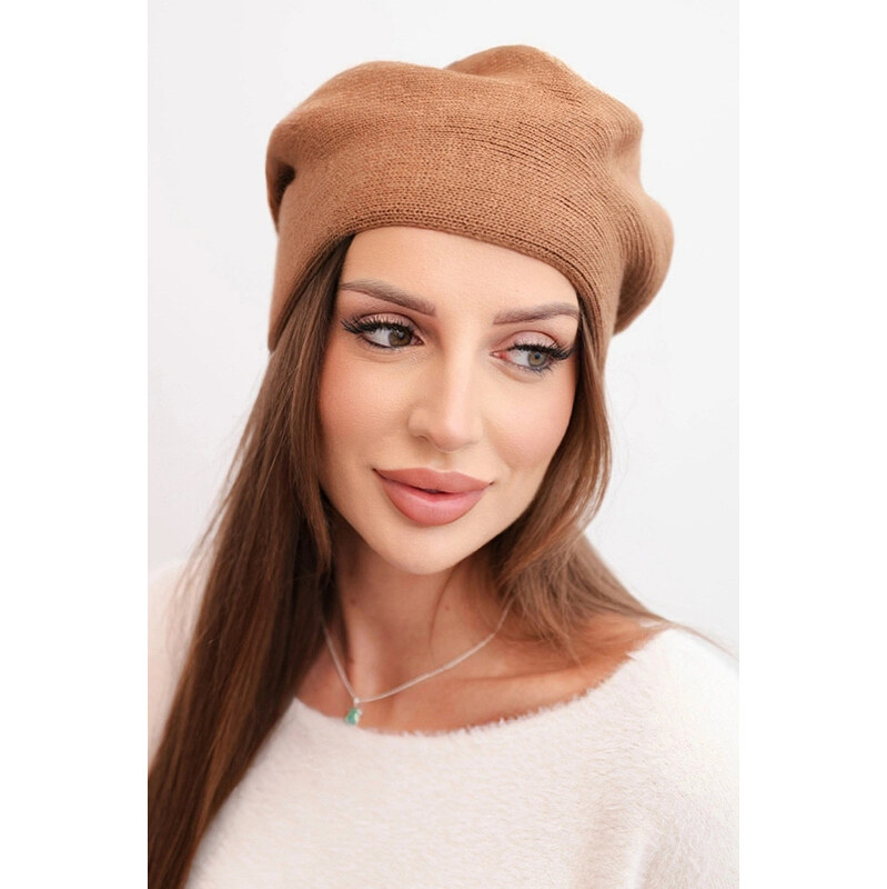 K-Fashion Dámska klasická hladká pletená čiapka K420 camel 67779264