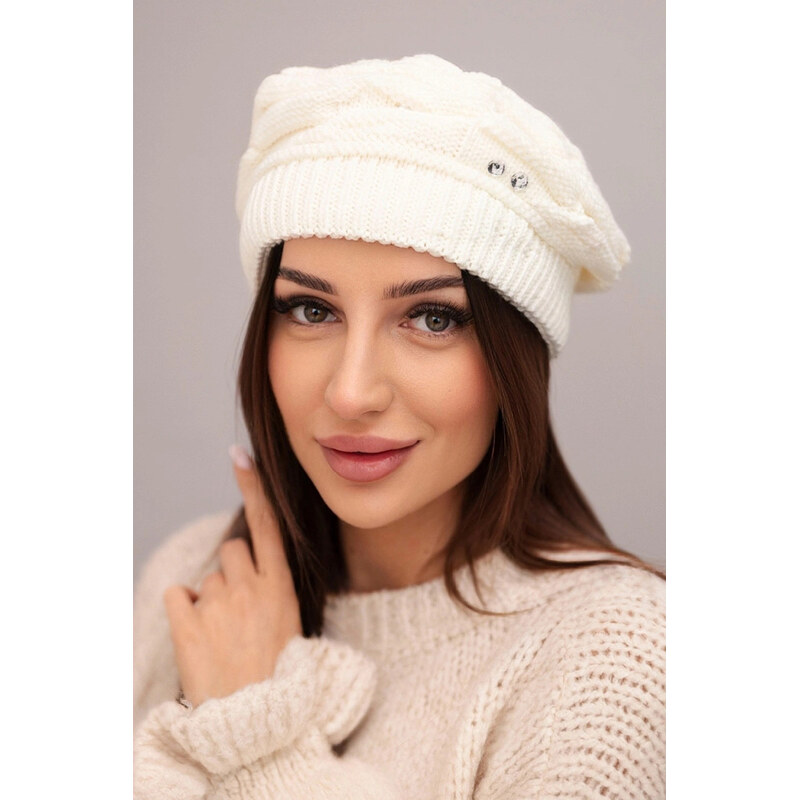 K-Fashion Dámska zimná vlnená čiapka s ozdobnými kryštálmi K399 ecru 67779435
