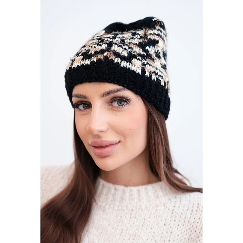 K-Fashion Dámska zimná vlnená čiapka s nórskym vzorom K354 black+beige 67779516