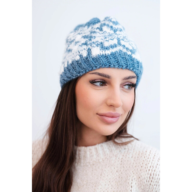 K-Fashion Dámska zimná vlnená čiapka s nórskym vzorom K354 jeans+white 67779514