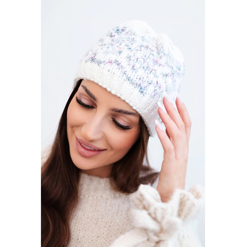K-Fashion Dámska zimná vlnená čiapka s nórskym vzorom K354 ecru+purple 67779518