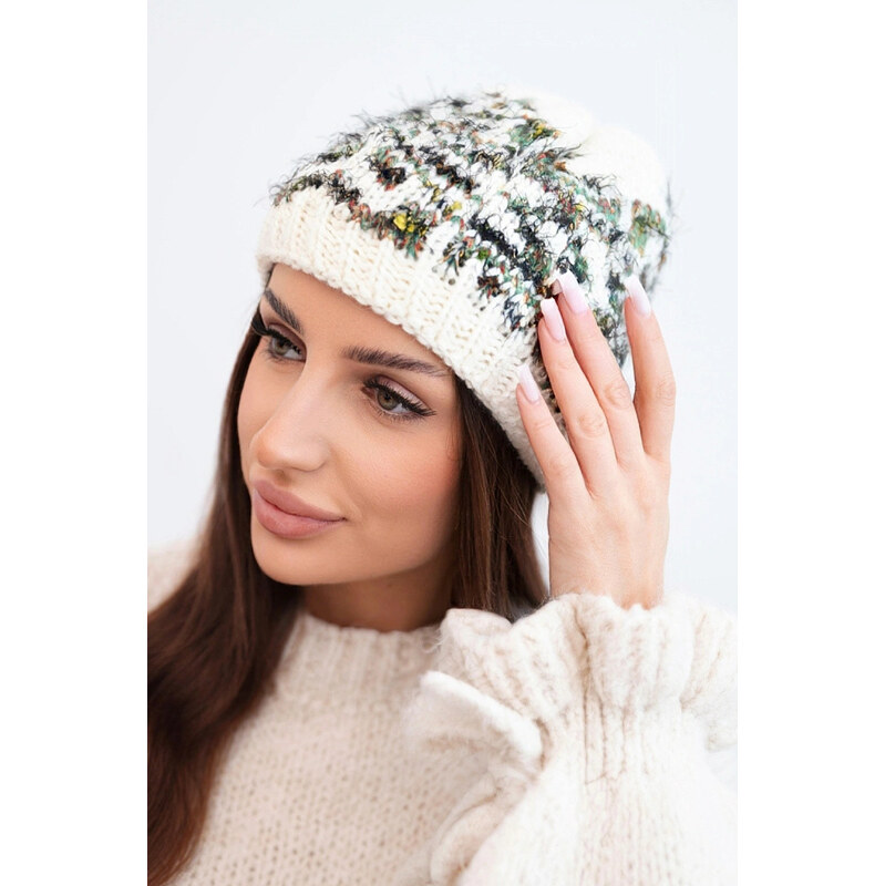K-Fashion Dámska zimná vlnená čiapka s nórskym vzorom K354 ecru+tmavo 67779519