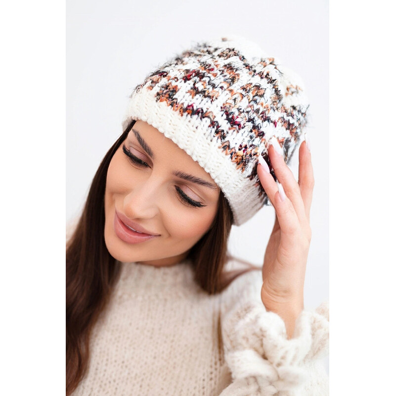 K-Fashion Dámska zimná vlnená čiapka s nórskym vzorom K354 ecru+red 67779523