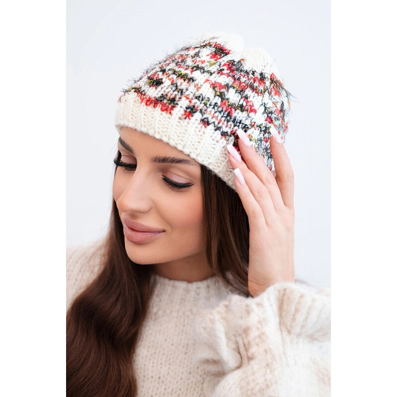 K-Fashion Dámska zimná vlnená čiapka s nórskym vzorom K354 ecru+red 67779520