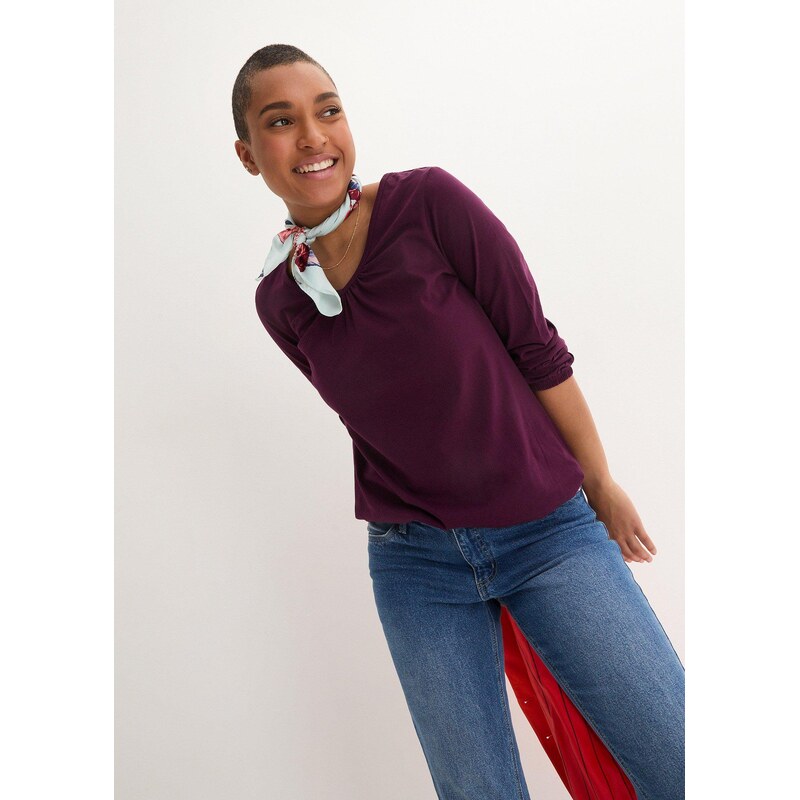 bonprix Bavlnené tričko s dlhým rukávom s gumičkou, farba fialová 44732744