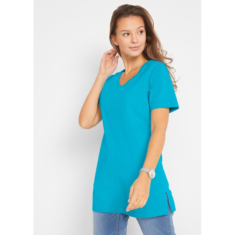 bonprix Dlhé tričko s výstrihom do V, 2 ks v balení, farba modrá 44790723