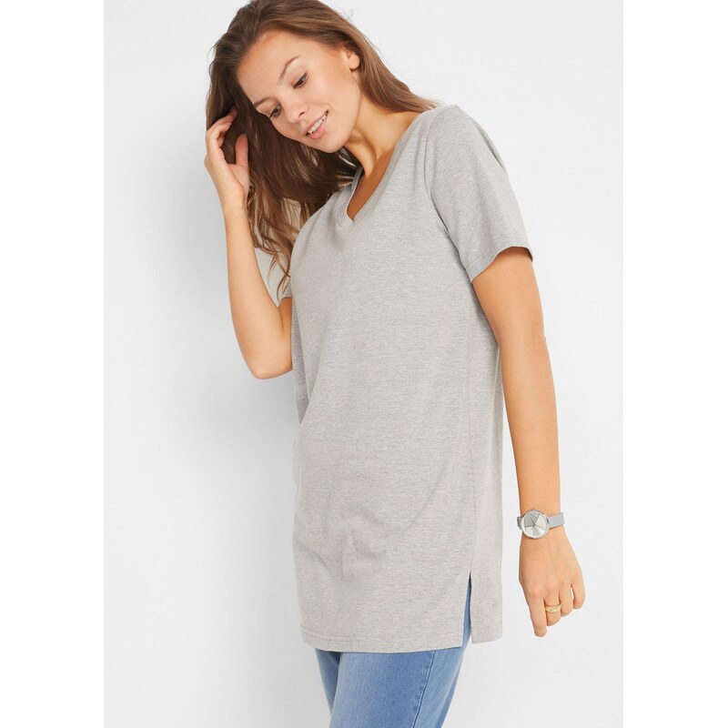 bonprix Dlhé tričko s výstrihom do V, 2 ks v balení, farba šedá 44735148