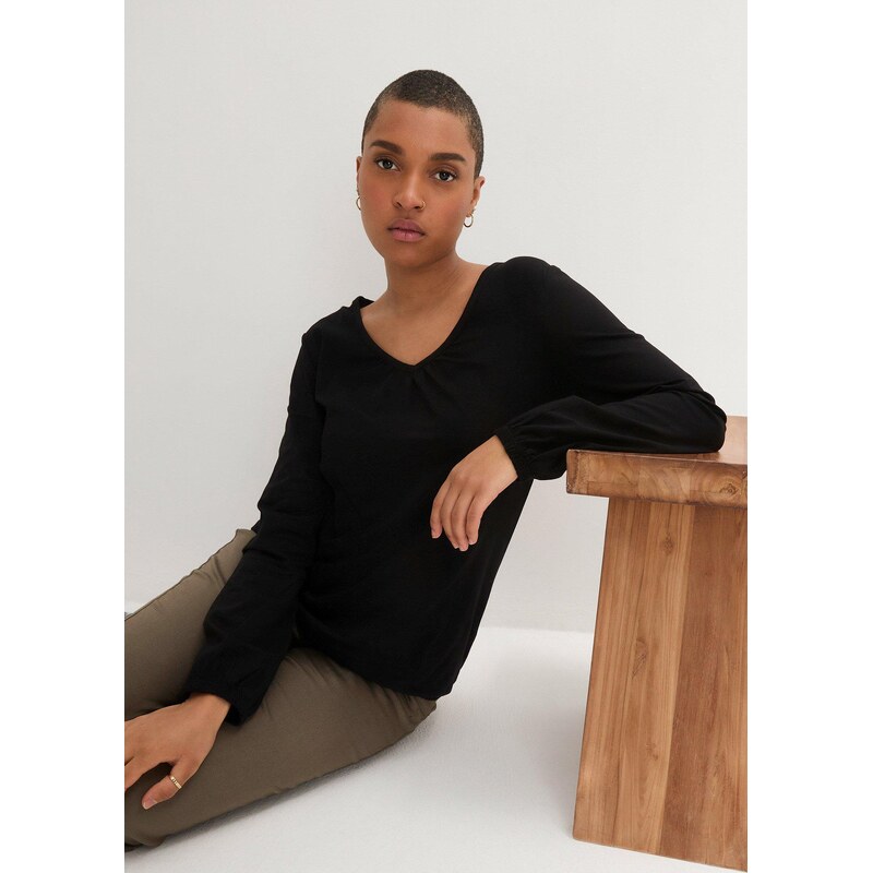 bonprix Bavlnené tričko s dlhým rukávom s gumičkou, farba čierna 44736990