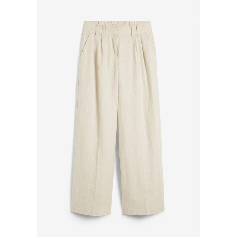 bonprix Nohavice so záhybmi na páse, z čistého plátna, farba béžová 49925831