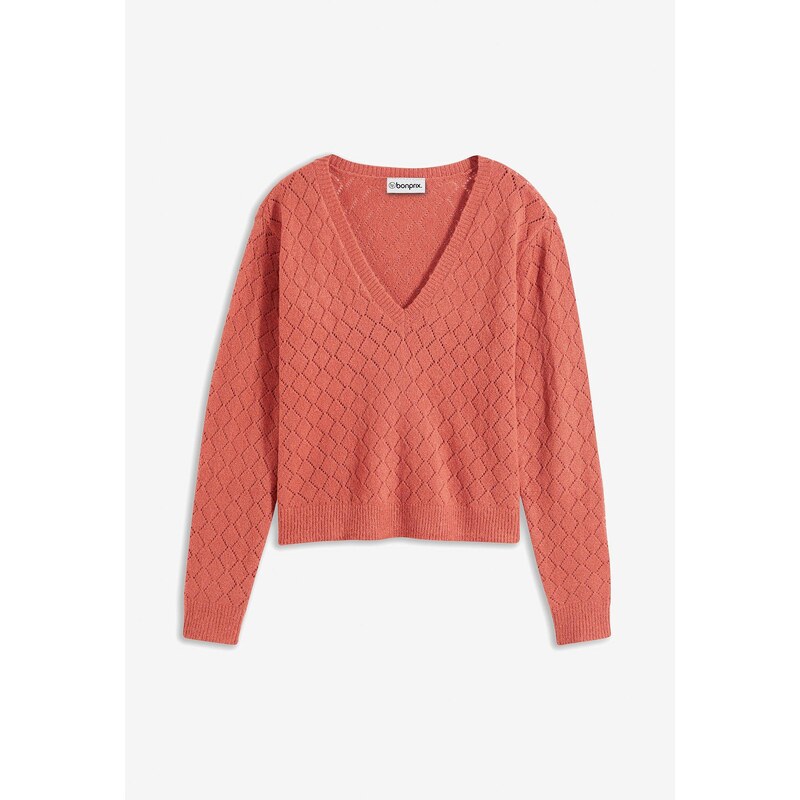 bonprix Krátky ažúrový pulóver, farba ružová 57674636