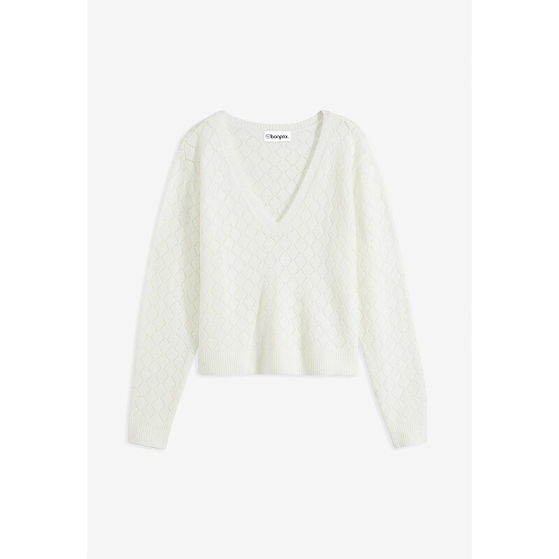 bonprix Krátky ažúrový pulóver, farba biela 57674638
