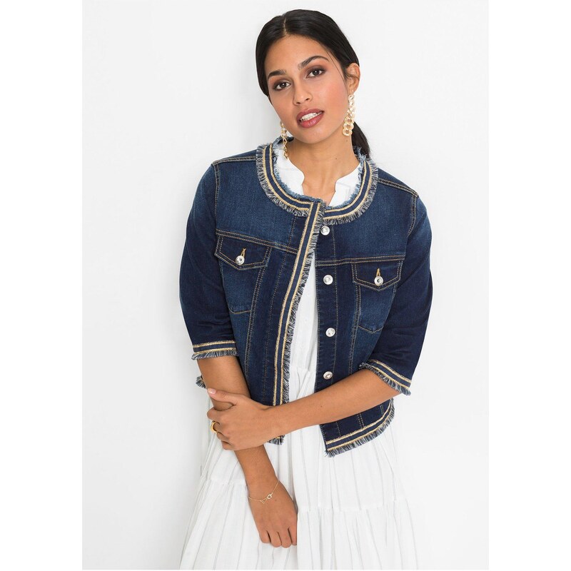 bonprix Džínsová bunda so strapcami, farba modrá 44742508