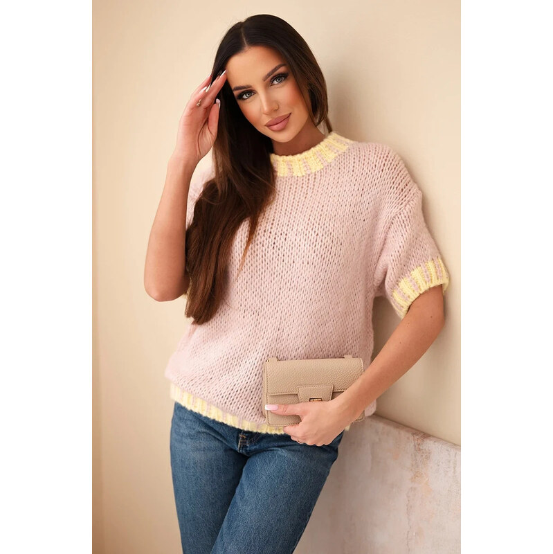 K-Fashion Dámsky sveter s krátkym rukávom a kontrastným lemom tmavo 67784468