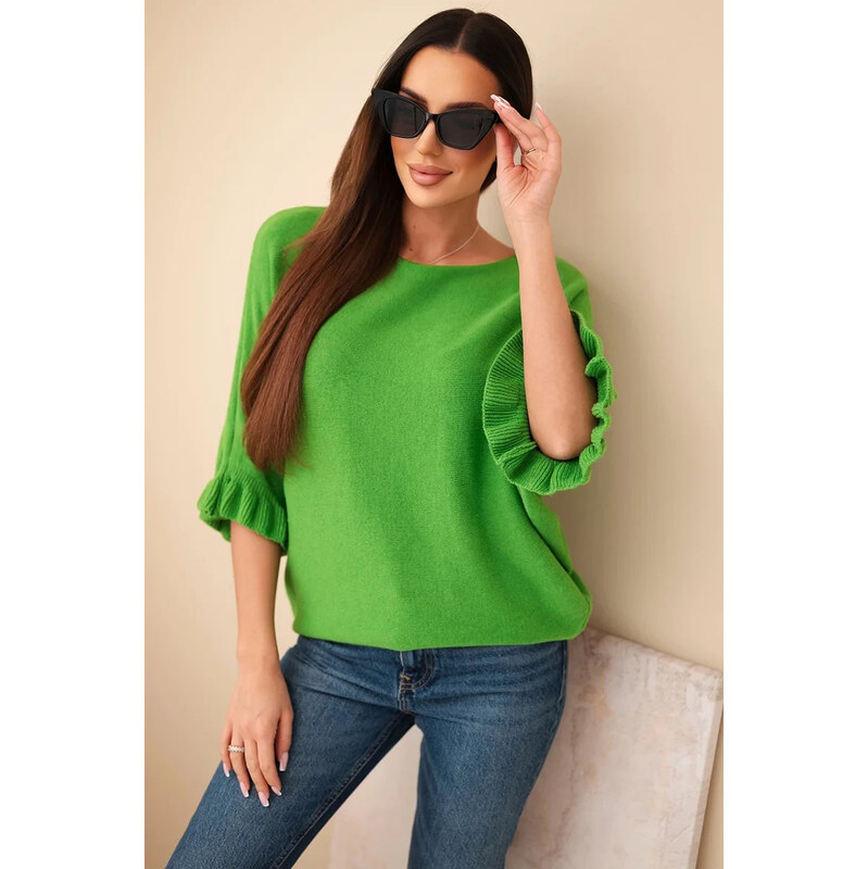 K-Fashion Dámsky netopierí sveter s okrúhlym výstrihom zelený 67784471