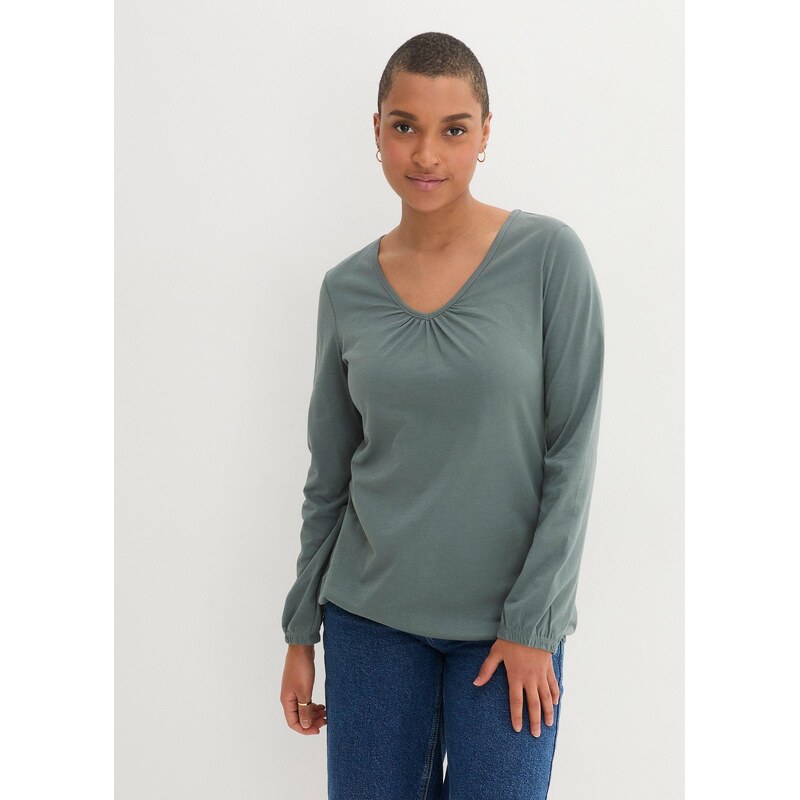 bonprix Bavlnené tričko s dlhým rukávom s gumičkou, farba zelená 44732057