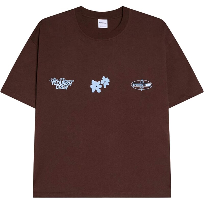 Bershka Tričko svetlomodrá / hnedá 67803595