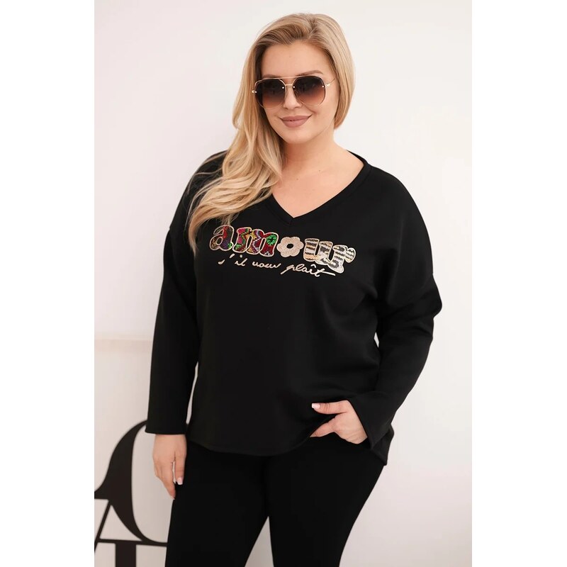 Kesi Dámska mikina Plus Size s nápisom a výstrihom do V čierna 67671304