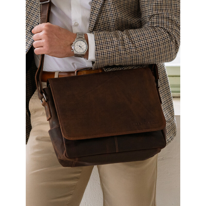 Pánska kožená taška cez rameno Greenwood Phils - tmavo hnedá 41366212