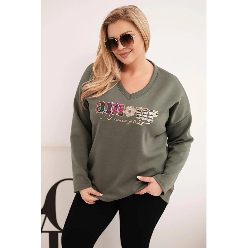 K-Fashion Dámska mikina s výstrihom do V s nápisom khaki 67681770