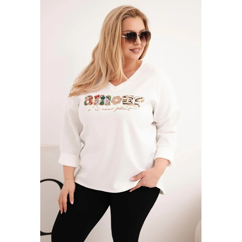 K-Fashion Dámska mikina s výstrihom do V s nápisom ecru 67681771