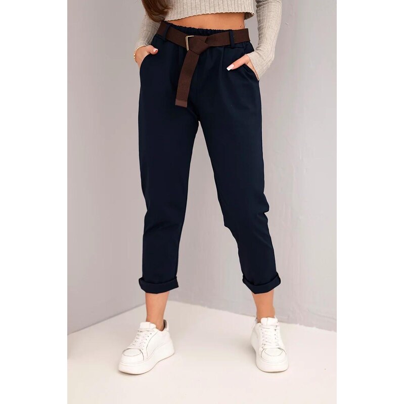 MladaModa Bavlnené nohavice s opaskom model 62296 farba námornícka 67826221