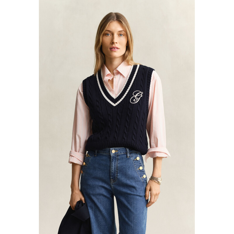VESTA GANT CONTRAST COTTON CABLE V-NECK VEST EVENING BLUE 67313319