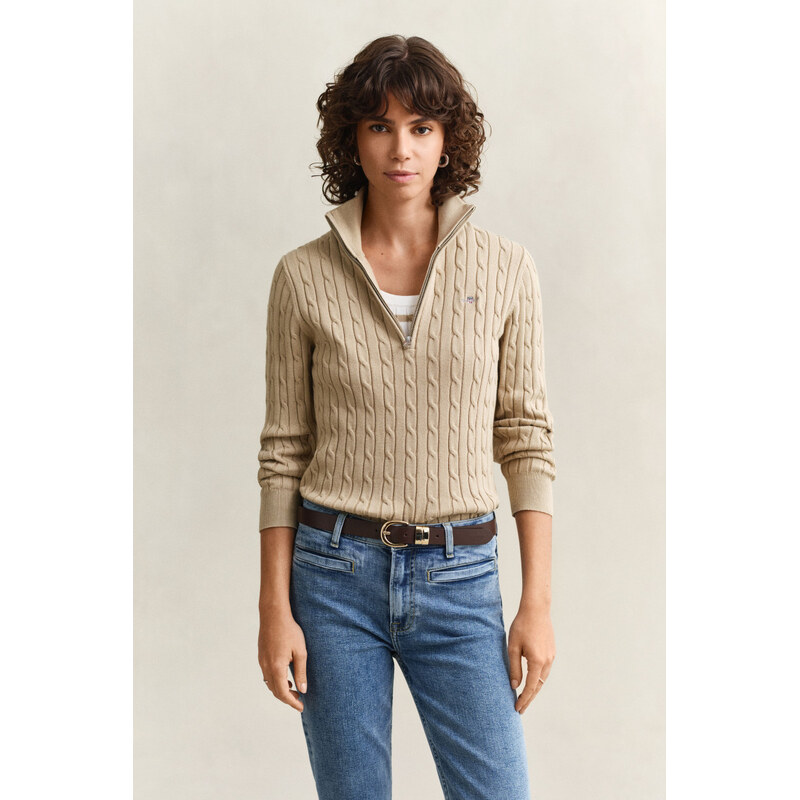 SVETER GANT STRETCH COTTON CABLE HALF-ZIP OAT BEIGE 67313318