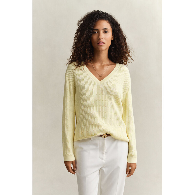 SVETER GANT CABLE KNIT V-NECK VANILLA YELLOW 67332224