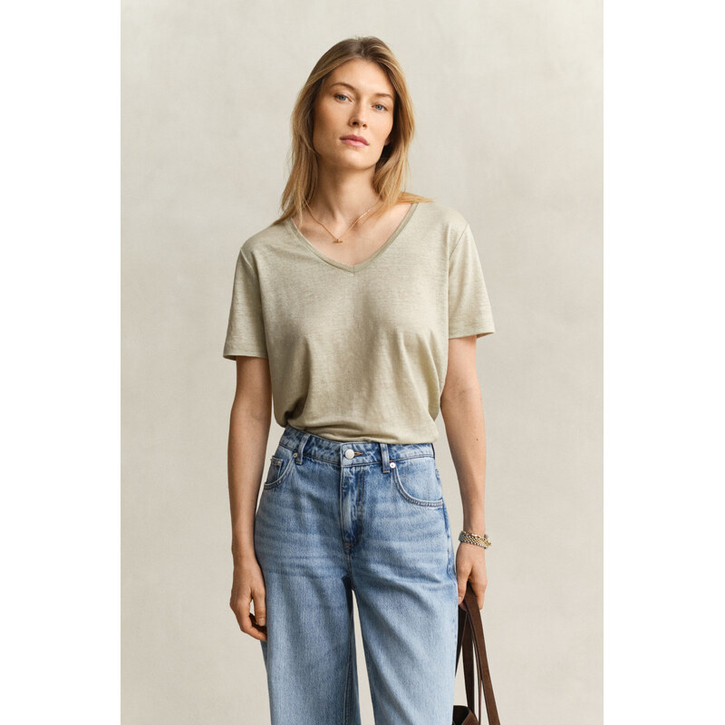 TRIČKO GANT REG LINEN V-NECK SS T-SHIRT COUNTRY BEIGE 67556353