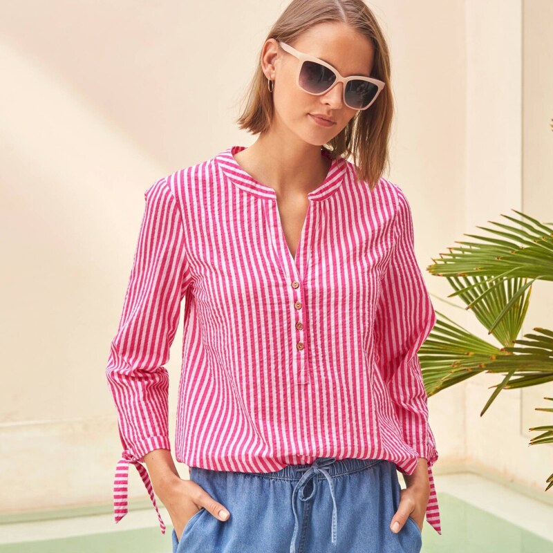 Pruhovaná blúzka z materiálu seersucker ružová 052 Blancheporte 67830758