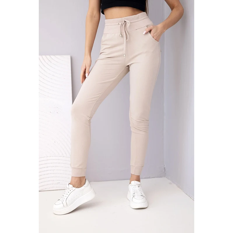 Kesi Dámske tepláky s vysokým pásom a šnúrkou béžové 67834692