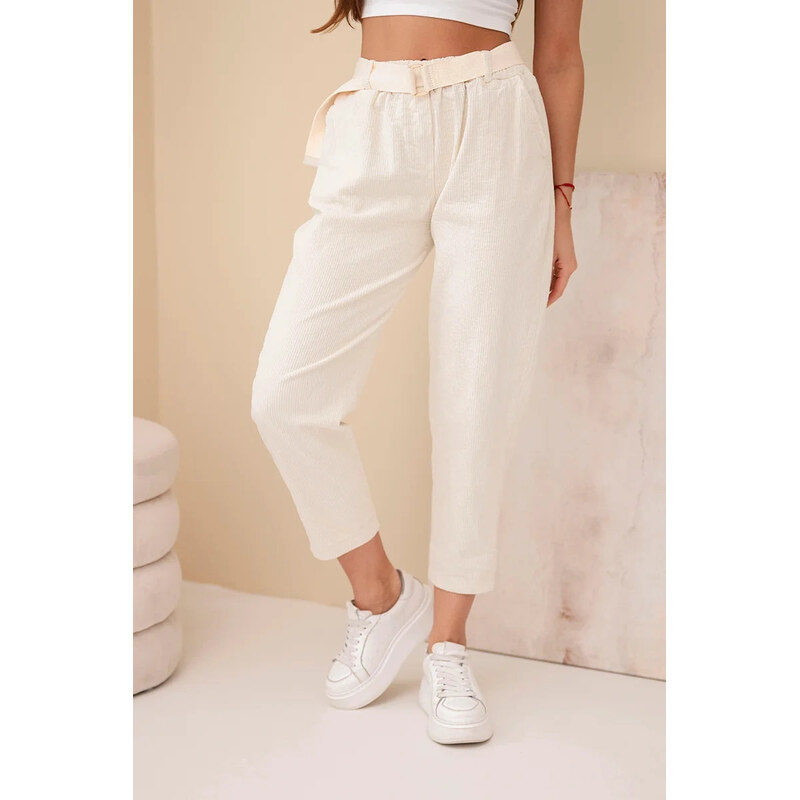 K-Fashion Dámske šnúrové nohavice s opaskom svetlo béžové 67784564