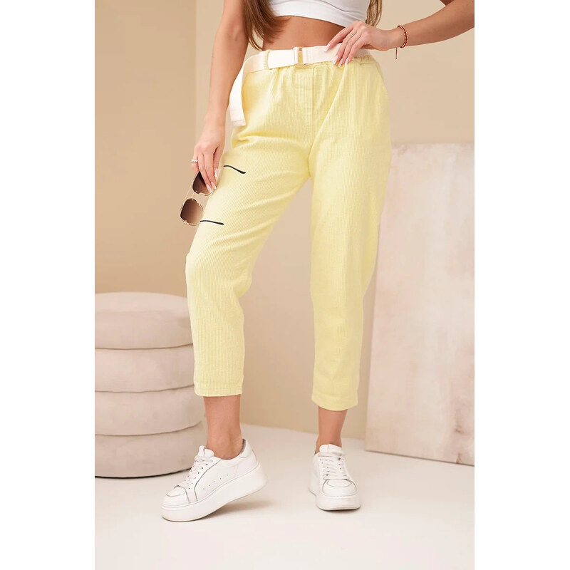 K-Fashion Dámske nohavice so šnúrou a opaskom žlté 67681911