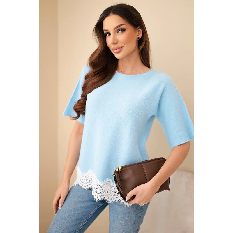 K-Fashion Dámsky sveter s krátkym rukávom a čipkou modrý 67797134