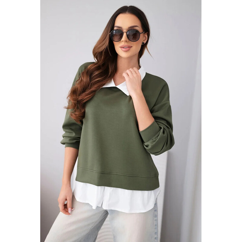 K-Fashion Dámska maslová viskózna mikina s khaki košeľovou vložkou 67824575